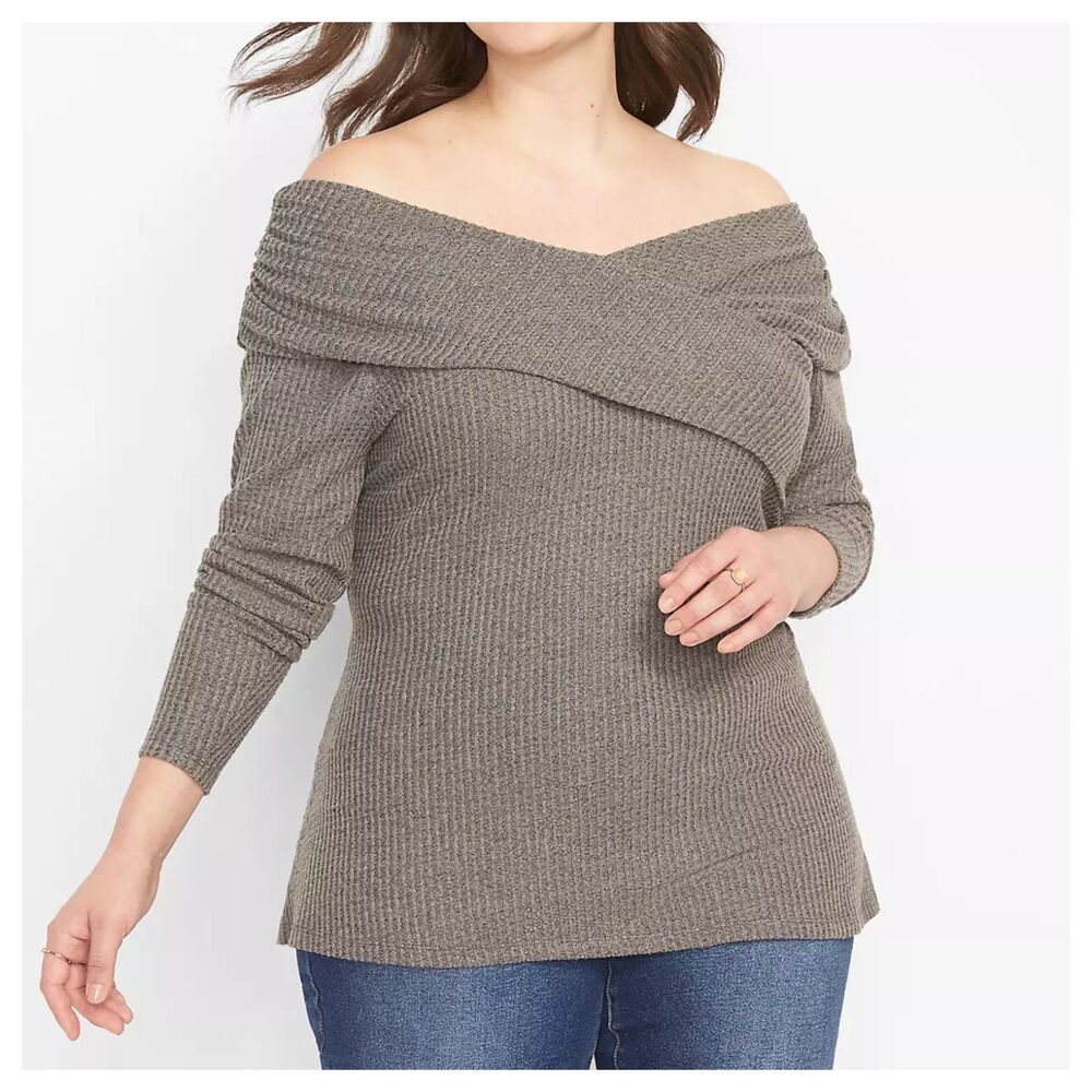 38/40 (7X) Lane Bryant Grey Off-The-Shoulder Waffle Knit Top